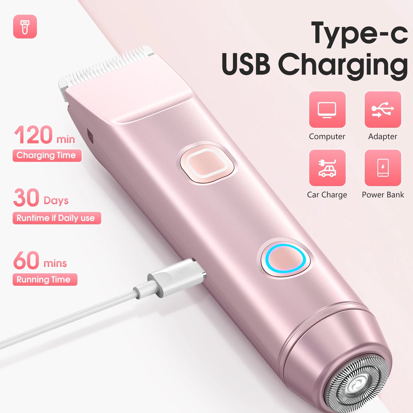 Electric Shaver for Women, Waterproof Wet & Dry Hair Razors, 2 in 1 Double Head, Dual Bikini Hair Trimmer, Detachable Head Shaver