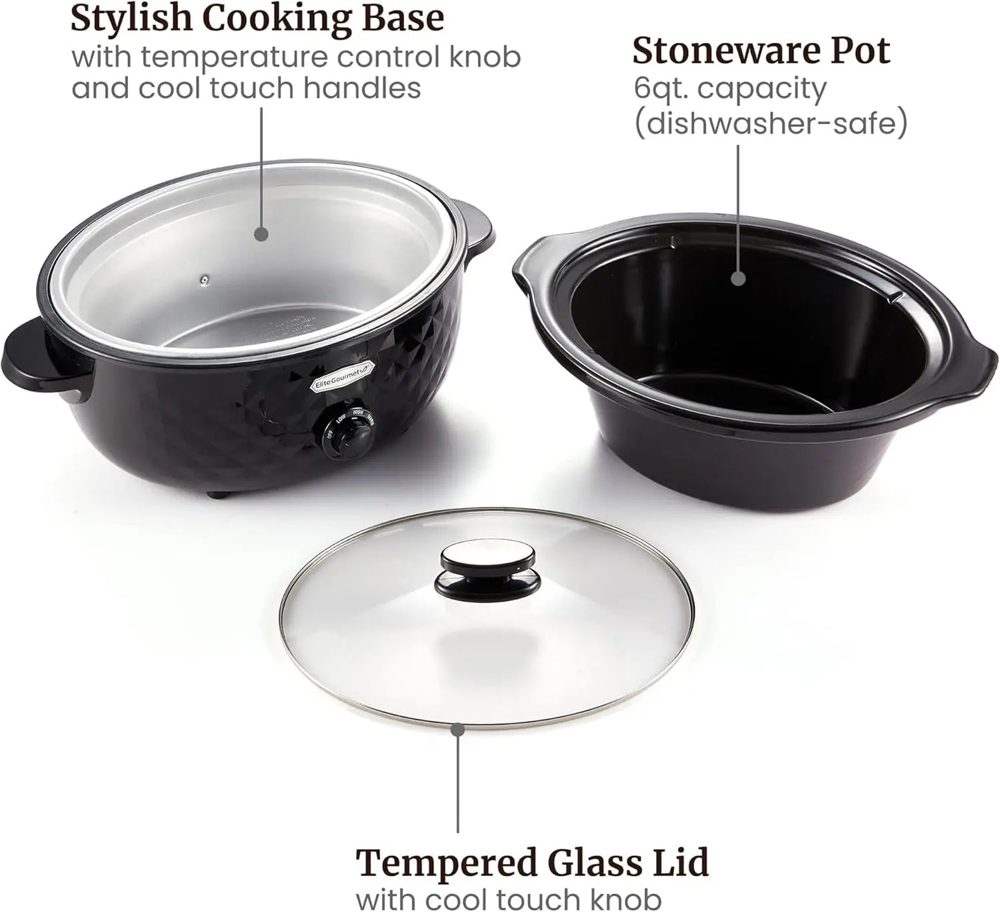 Diamond Pattern Slow Cooker Removable Dishwasher-Safe Pot with Tempered Glass Lid, Cool-Touch Handles, 6 Quart, Charcoal Black
