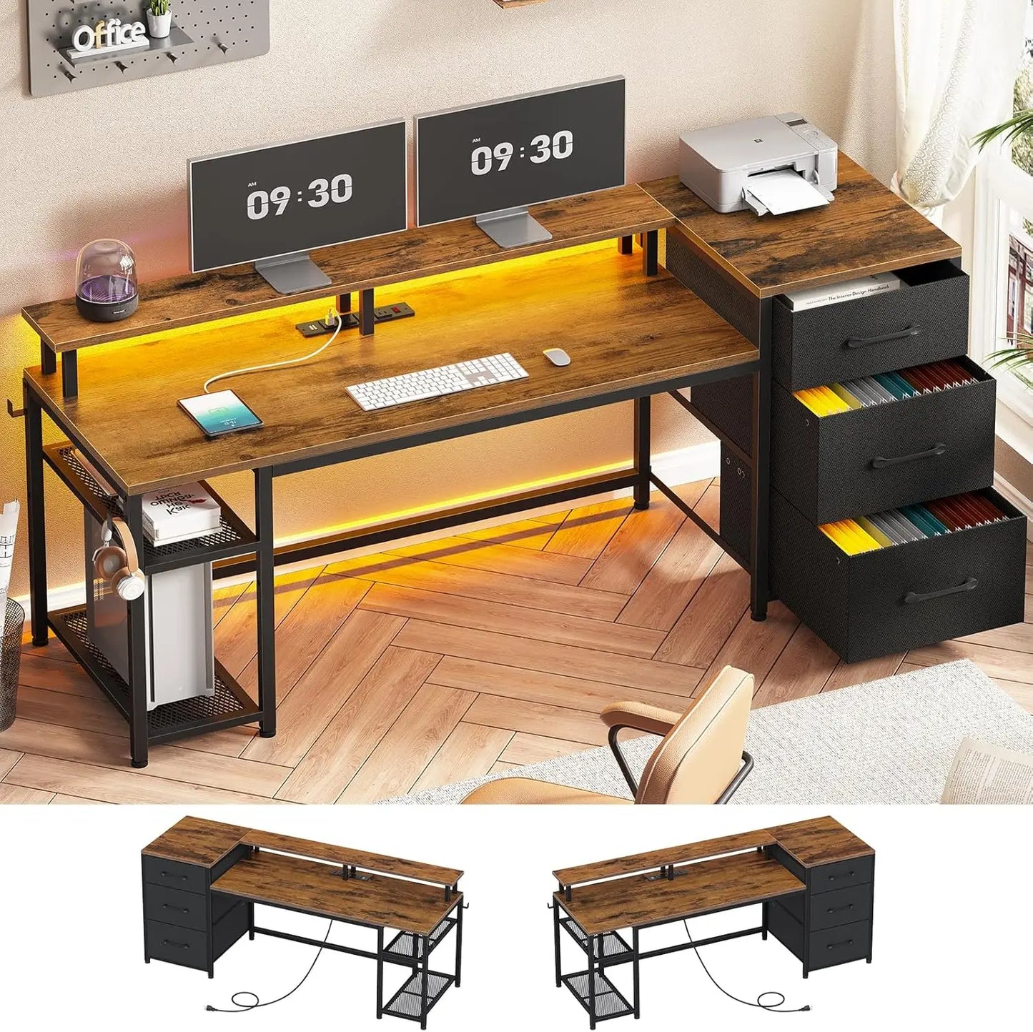 59" Office Desk with Drawers, Reversible Computer Desk with File Drawers & Storage, Gaming Desk with LED Lights & Power Outlet