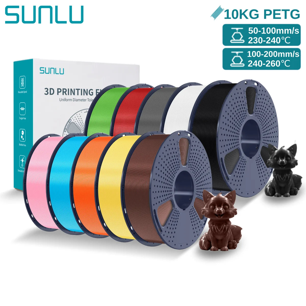 SUNLU PETG 10KG 3D Printer Filament 1.75mm High Toughness Neatly Wound 3D Filaments Spool for Most FDM 3D Printer Materials