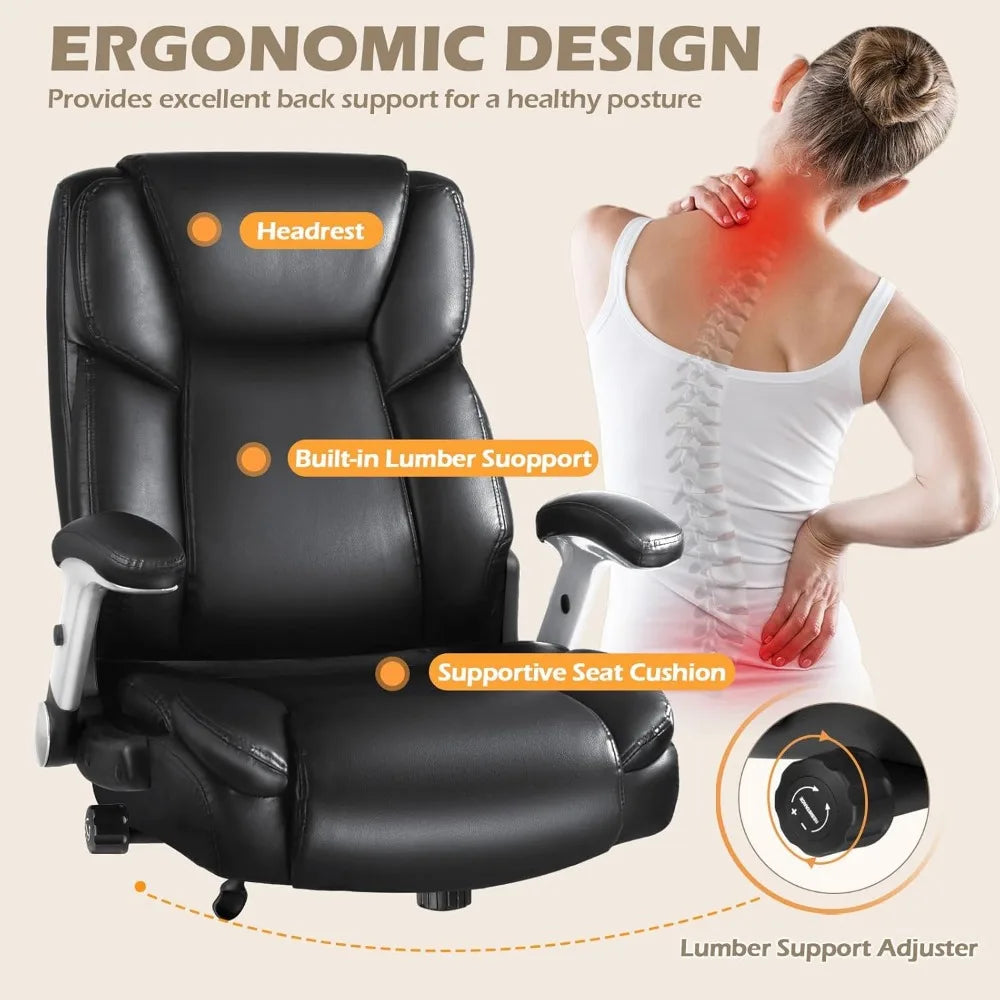 600 lbs Big and Tall Office Chair, Ergonomic PU Leather Executive Comfy Desk Chair with Back Support, Heavy Duty Extra Wide Sea
