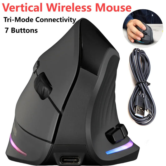 Wireless Vertical Mouse 7 Buttons Ergonomic Mouse Tri-Mode BT+2.4GHz+Wired Vertical Mouse For Laptop PC Computer Desktop