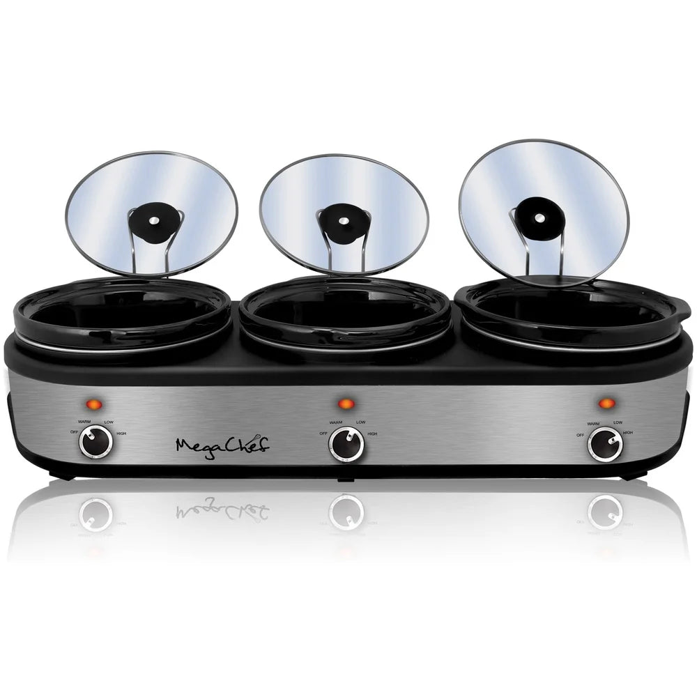 3 Pot 2.5 Qt Slow Cooker Buffet Server with Individual Temperature Control Detachable Lid Rests Anti Slip Feet Easy Serving