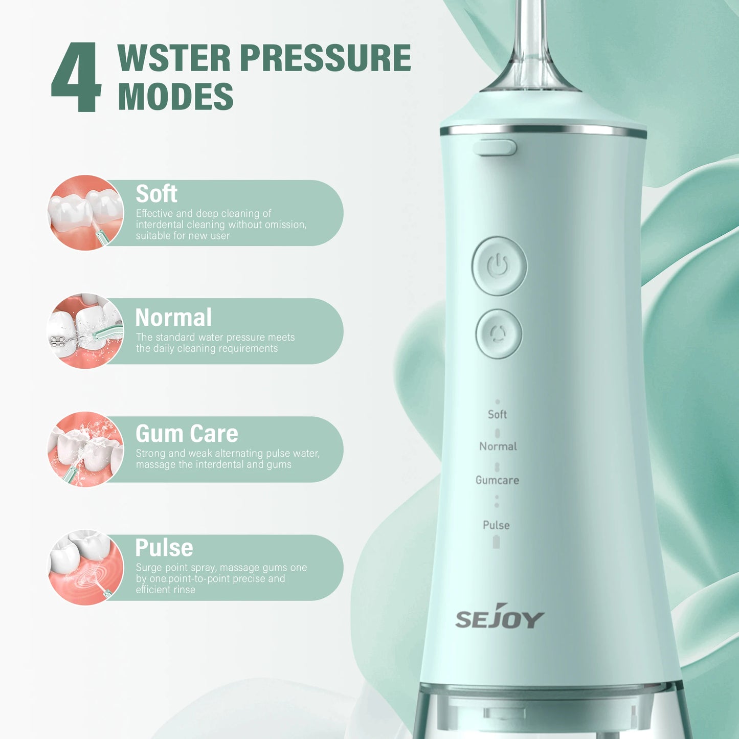 Sejoy Water Dental Flosser Portable Teeth Picks 6 Jets 4 Modes Cordless Oral Irrigator Rechargeable IPX7 Teeth Cleaner