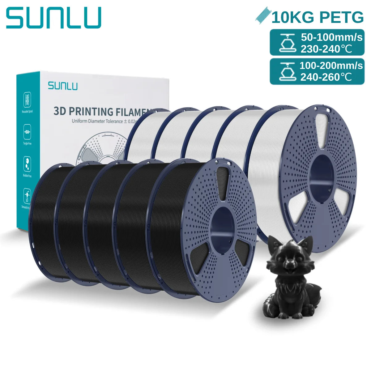 SUNLU PETG 10KG 3D Printer Filament 1.75mm High Toughness Neatly Wound 3D Filaments Spool for Most FDM 3D Printer Materials