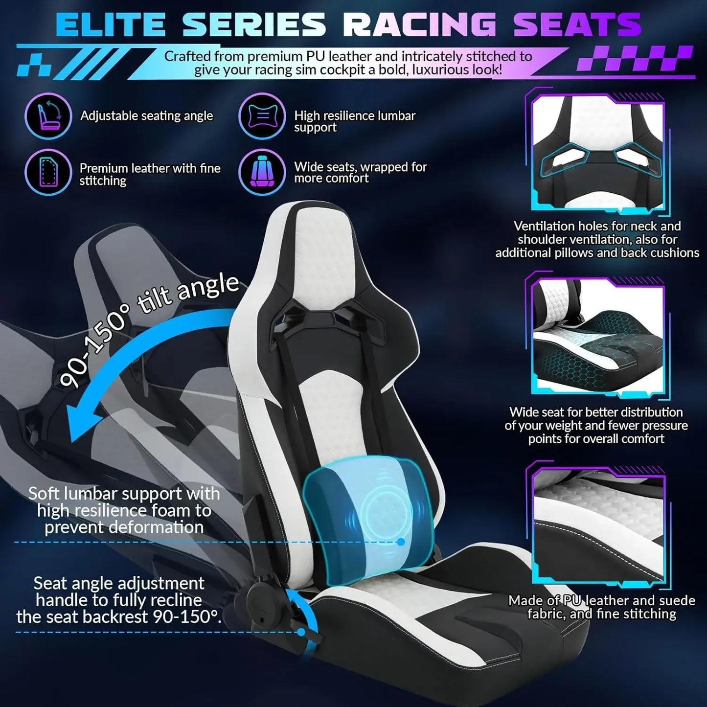 Racing Simulator Cockpit: Elite Series Racing Seat, Adjustable Wheel Mount, Fits Logitech/Fanatec (No Wheel/Pedals/Shifter)
