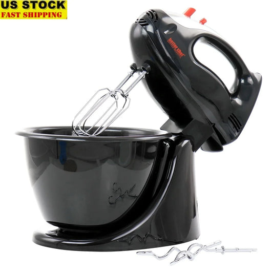 200 Watt Stand Mixer, Hand Mixer with Mixing Bowl, Ergonomic Handle, 5 Speed, Interchangeable Beaters Dough Hooks Dishwasher Safe
