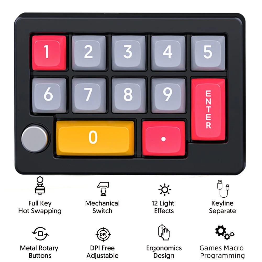 13 Key Macro Programmable Fully Hot Swappable Mechanical Switch 12 RGB Lighting Effects Gaming Mini Keyboard
