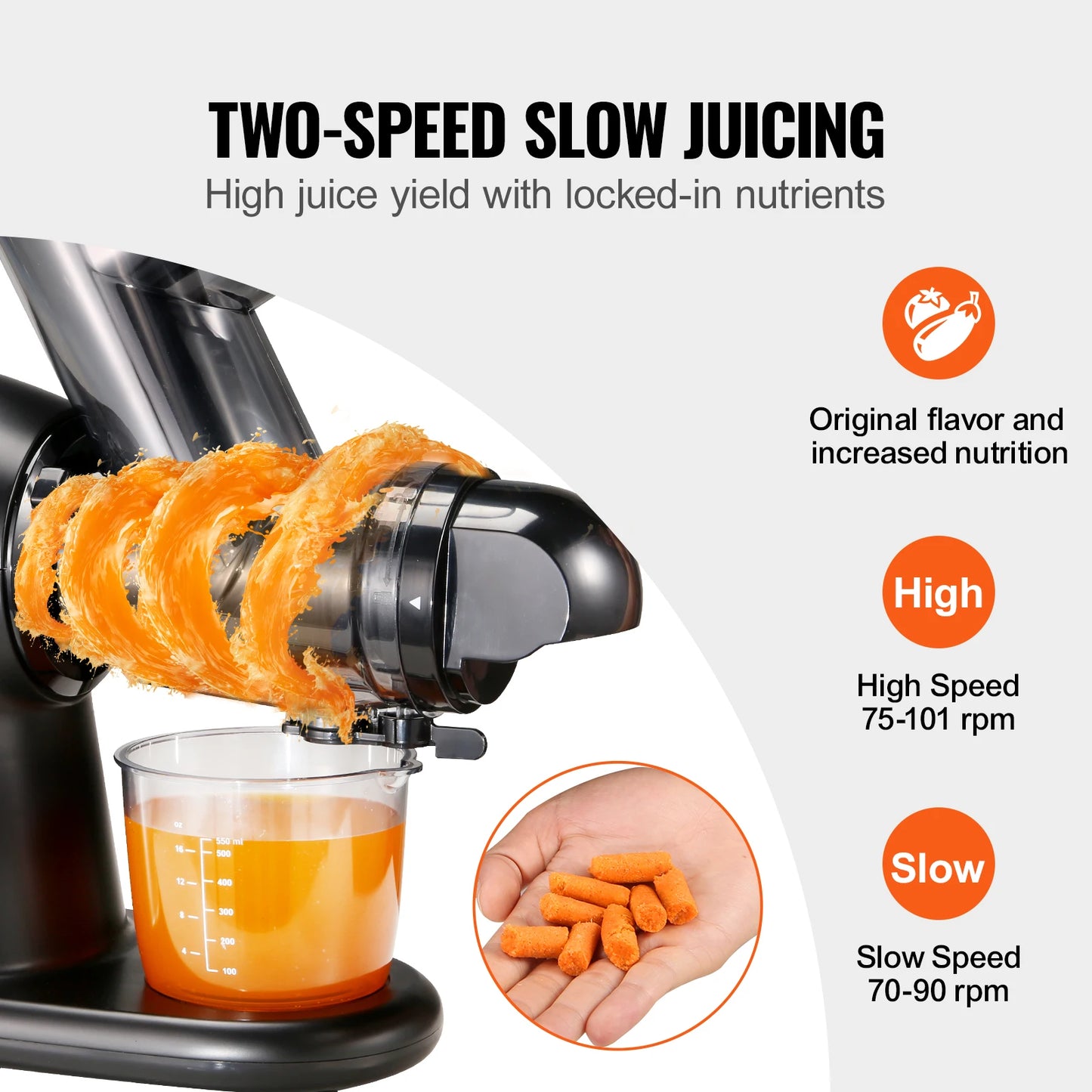 Slow Masticating Juicer 2-Speed Mode Cold Press Juicer Machine with Reverse Function Quiet Motor Slow Juicer Juice