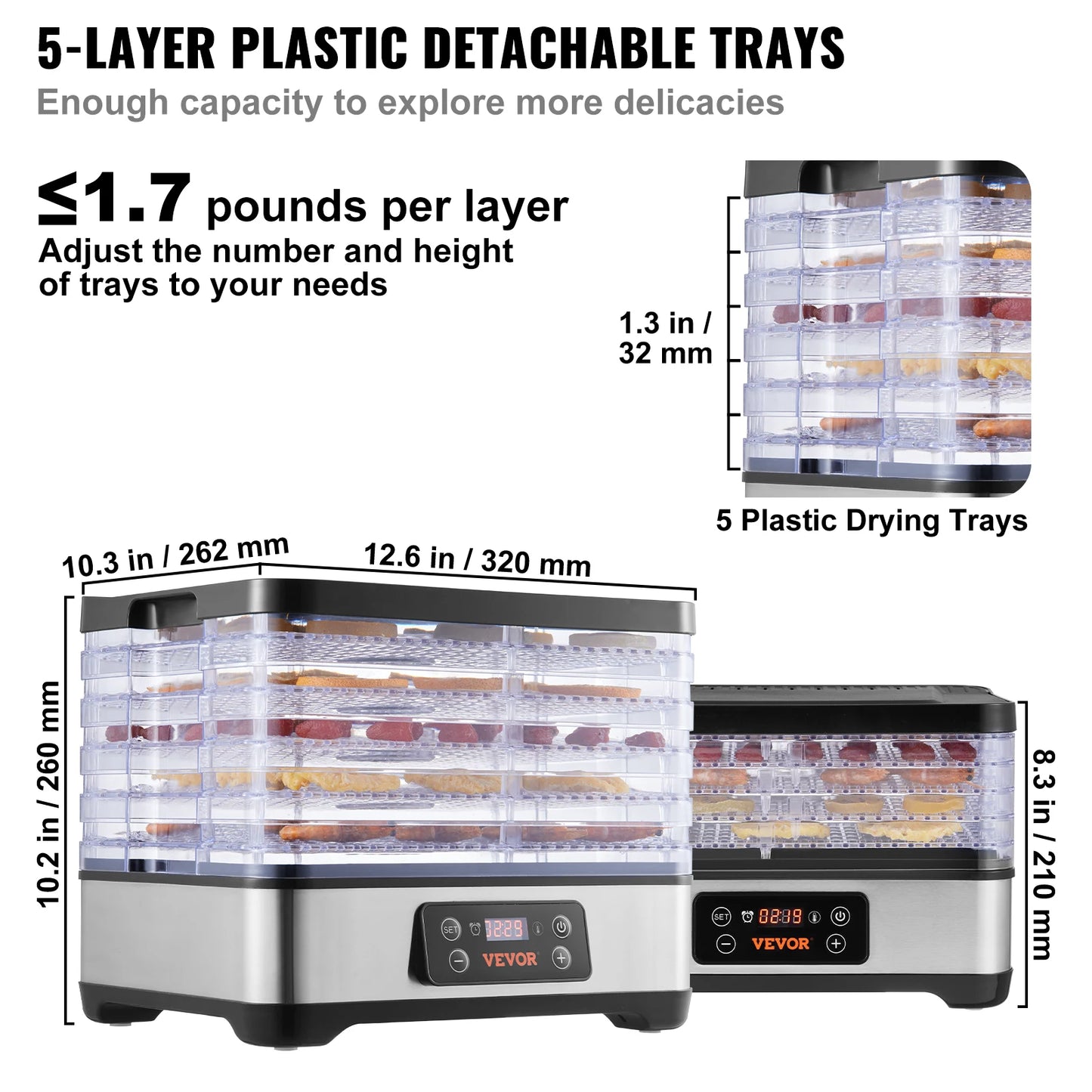 5 Tray Food Dehydrator Machine 300W Stainless Steel Electric Food Dryer w/ Digital Adjustable Timer & Temperature