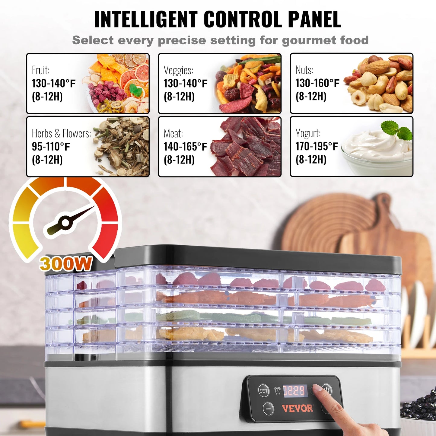 5 Tray Food Dehydrator Machine 300W Stainless Steel Electric Food Dryer w/ Digital Adjustable Timer & Temperature