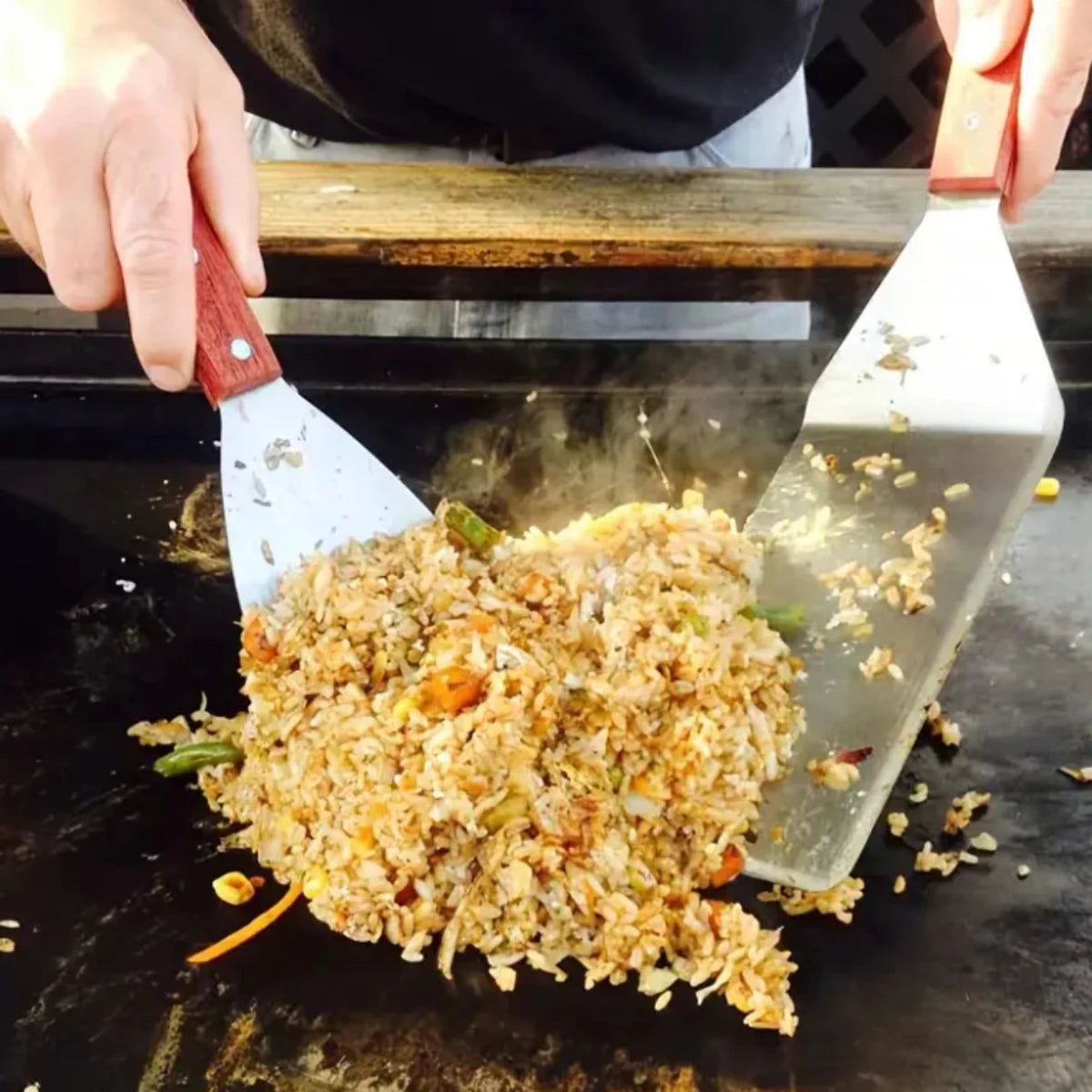 Premium 2-Piece Stainless Steel BBQ Spatula Set with Ergonomic Wood Handle for Grilling, Pizza, Steak, Griddle Cooking, Non-Slip