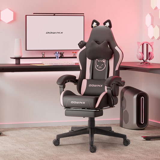 Gaming Chair Cute with Cat Ears and Massage Lumbar Support, Ergonomic Computer Chair for Girl with Footrest and Headrest