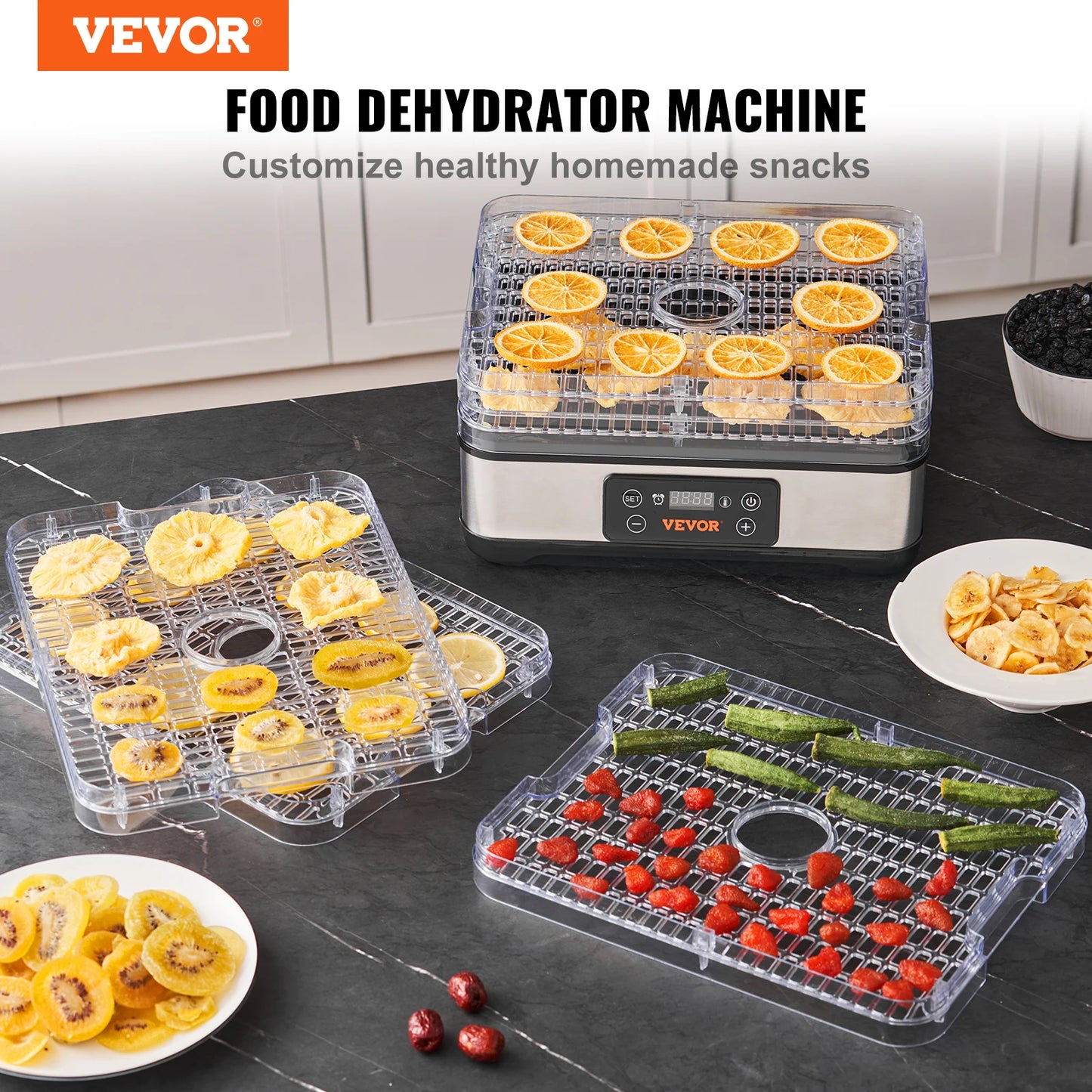 5 Tray Food Dehydrator Machine 300W Stainless Steel Electric Food Dryer w/ Digital Adjustable Timer & Temperature