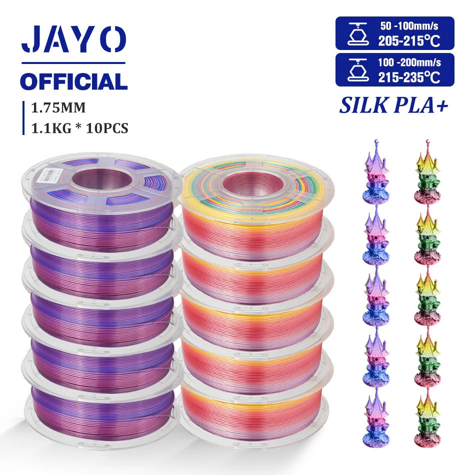10Rolls SILK PLA+ 3D Filament, 1.75mm SILK PLA, Rainbow Filament for FDM 3D Printer, SILK Dual & Triple 3D Printing Materials