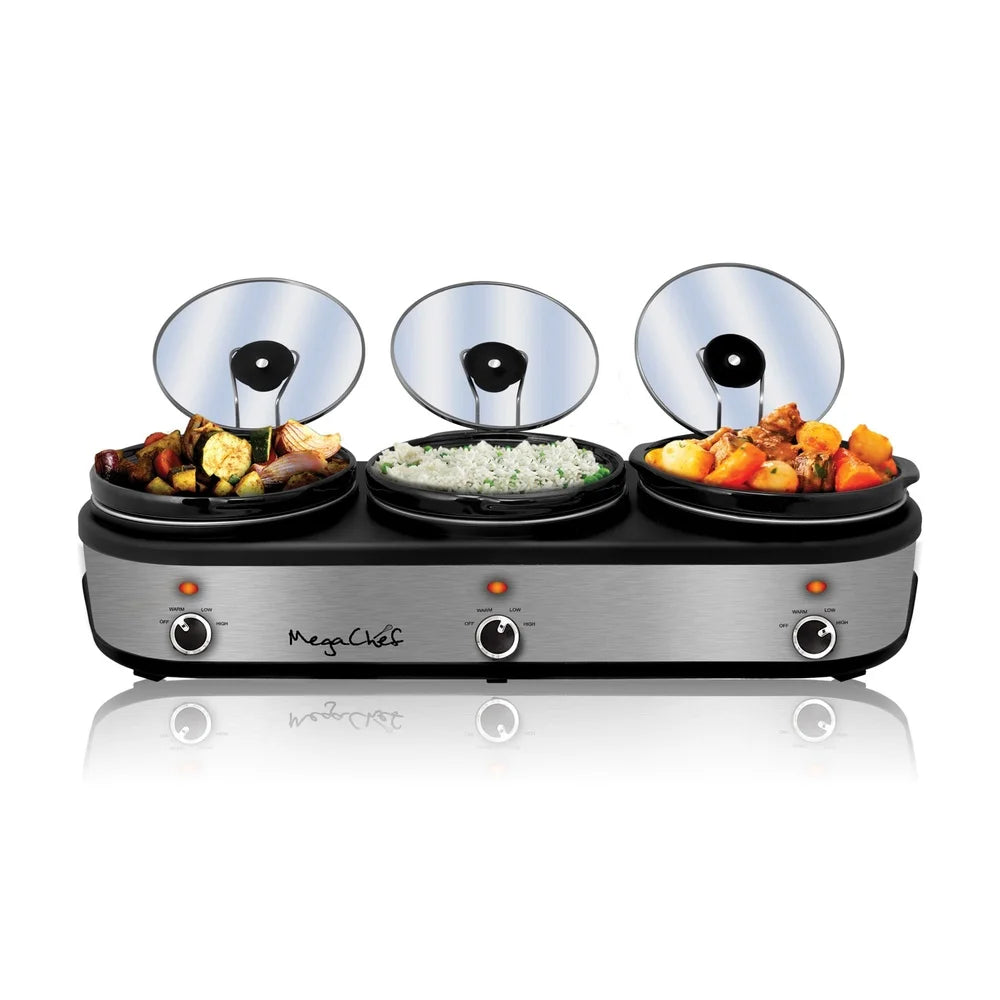 3 Pot 2.5 Qt Slow Cooker Buffet Server with Individual Temperature Control Detachable Lid Rests Anti Slip Feet Easy Serving