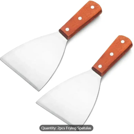 Premium 2-Piece Stainless Steel BBQ Spatula Set with Ergonomic Wood Handle for Grilling, Pizza, Steak, Griddle Cooking, Non-Slip