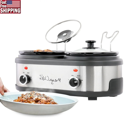 Dual 1.5 Quart Slow Cooker Buffet with Removable Ceramic Pots Tempered Glass Lids Cool Touch Handles Perfect Entertaining