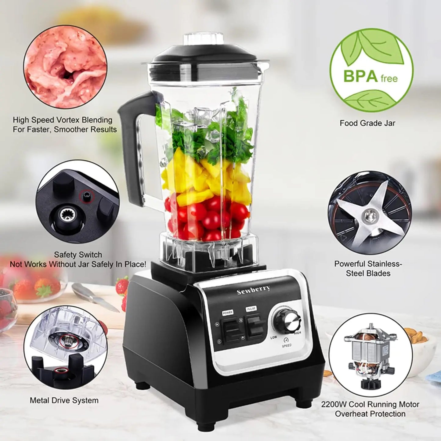 Professional Countertop Blender for home and commercial use, 2200W High Speed Smoothie Blender for Shakes and Smoothies