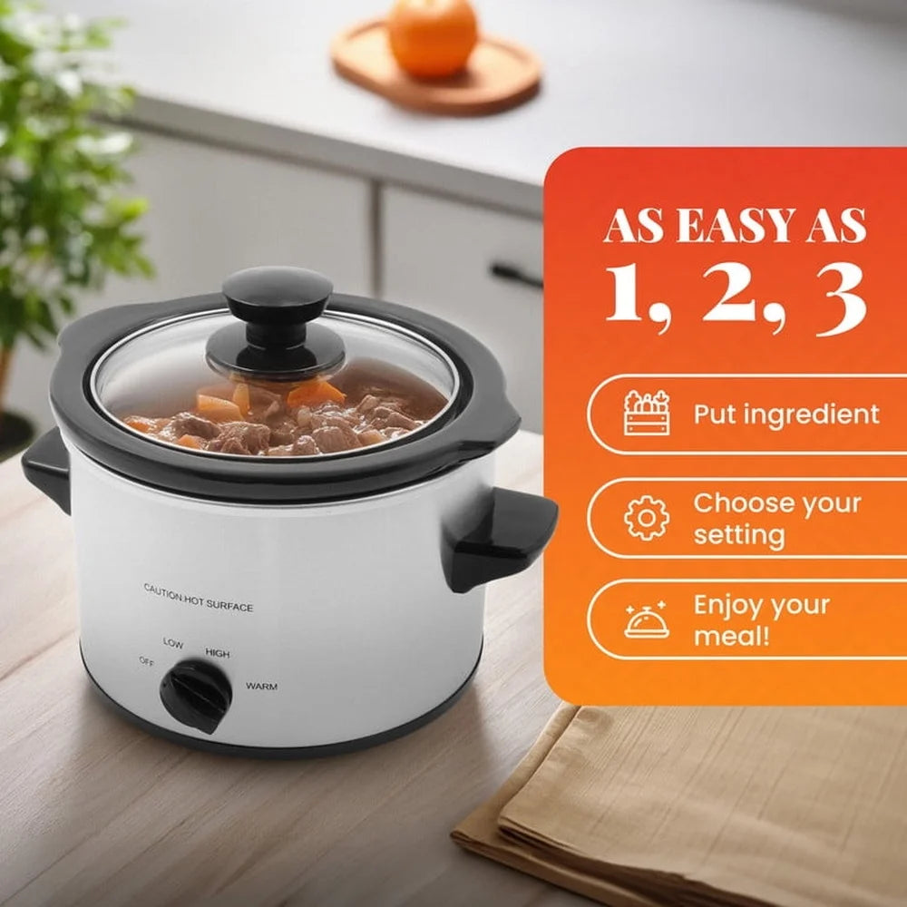 1.5Qt Mini Slow Cooker Stainless Steel Inner Pot Low High Keep Warm Glass Lid Cool Touch Handles Dips Soups Appetizers