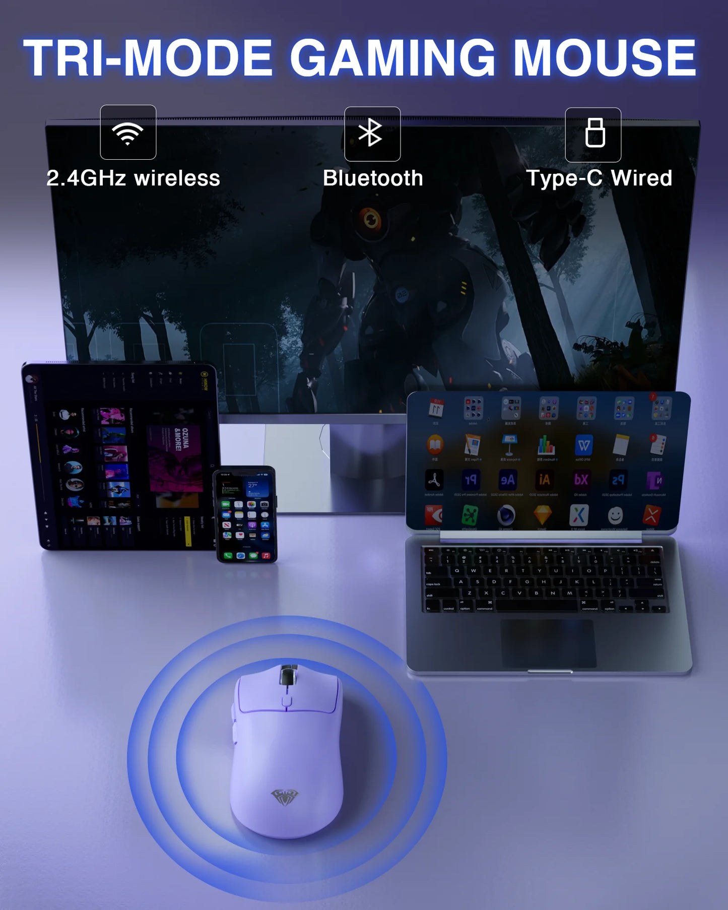 Gaming Mouse Tri-mode Rechargeable Ergonomic Bluetooth Mouse 10000 DPI Wireless Bluetooth Mice for Office Gaming