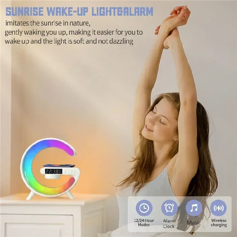 Goodnight Light Wireless Charger Speaker Clock 6 Lighting Modes for iPhone 15 14 13 Samsung Fast Charging Station