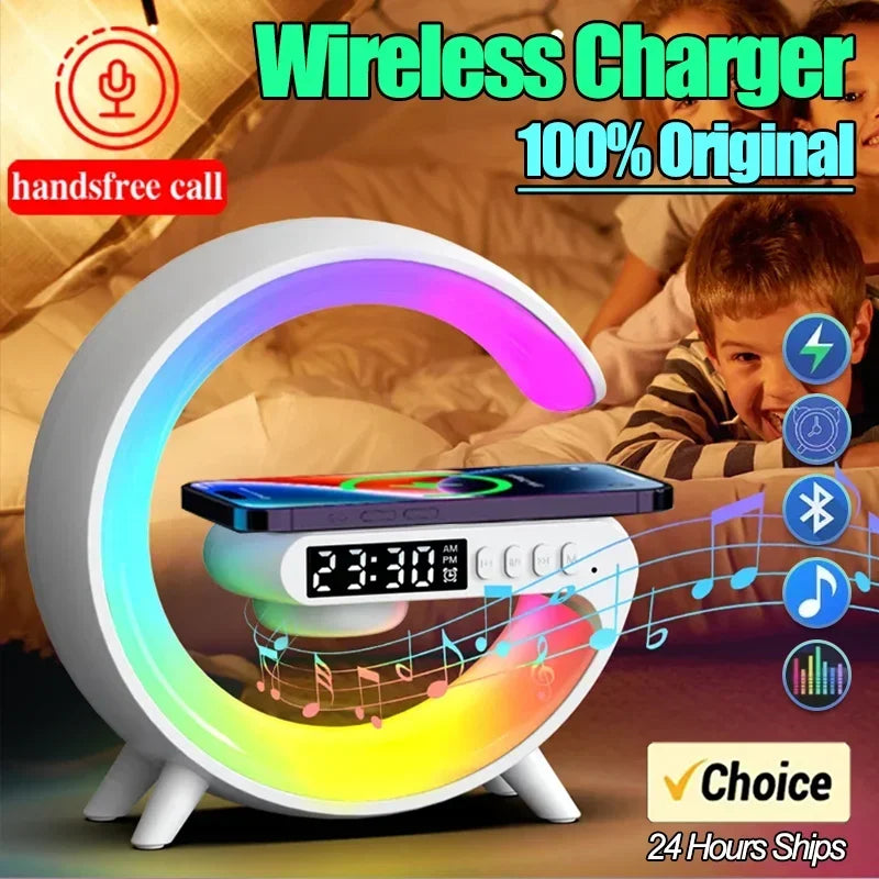 Goodnight Light Wireless Charger Speaker Clock 6 Lighting Modes for iPhone 15 14 13 Samsung Fast Charging Station