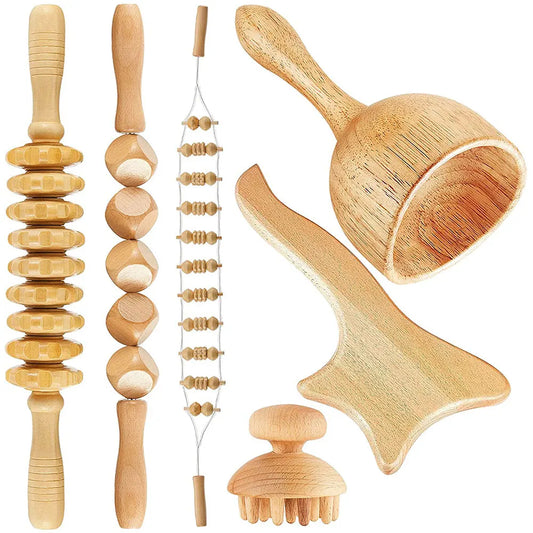 6 In 1 Wood Therapy, Massage Tool Lymphatic Drainage, Massager Anti Cellulite Fascia, Massage Roller for Full Body Muscle relaxation