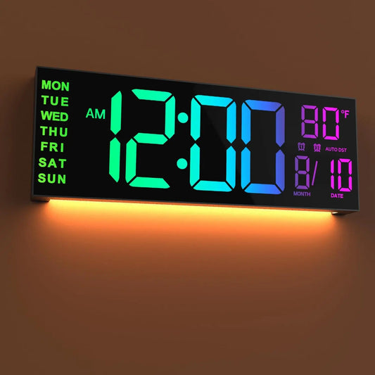 16" Large Digital Wall Clock With Remote Control, Timer, Alarm With Big LED Screen Dispaly, 8 RGB Colors, Auto DST, Temperature
