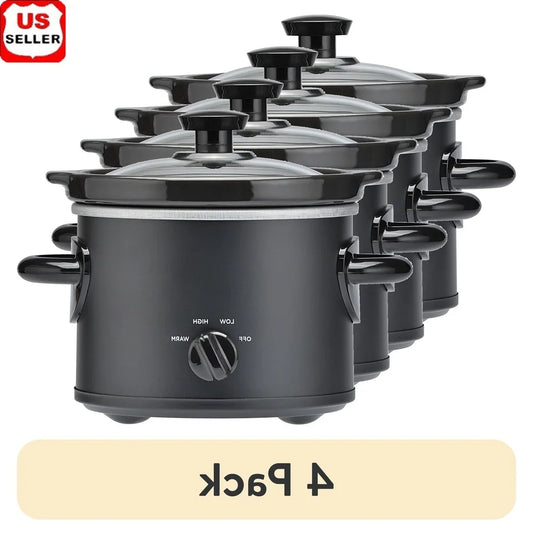 4 Pack-2 QT Slow Cooker, Matte Black, Removable Stoneware Pot with Glass Lid, Two Temperature Settings, Easy Cooking