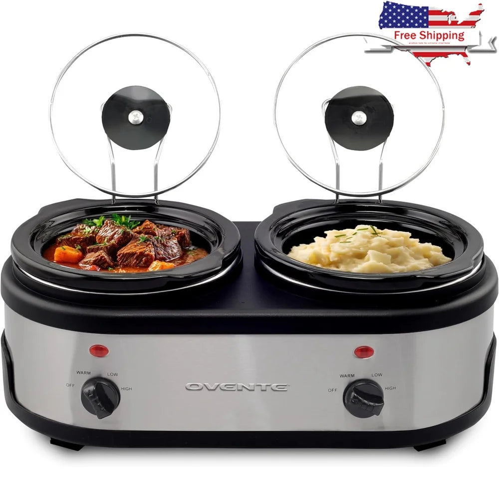 Dual Buffet Station Slow Cooker with 2 Independent 1.5 Quart Ceramic Pots Temperature Control Parties Events and Gatherings