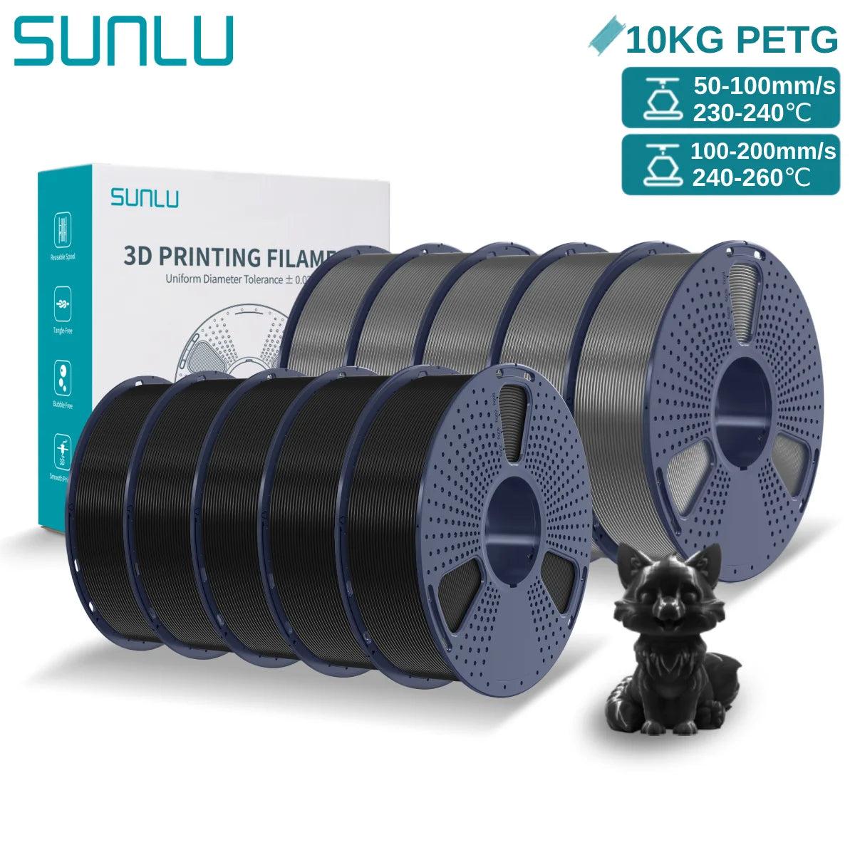 SUNLU PETG 10KG 3D Printer Filament 1.75mm High Toughness Neatly Wound 3D Filaments Spool for Most FDM 3D Printer Materials