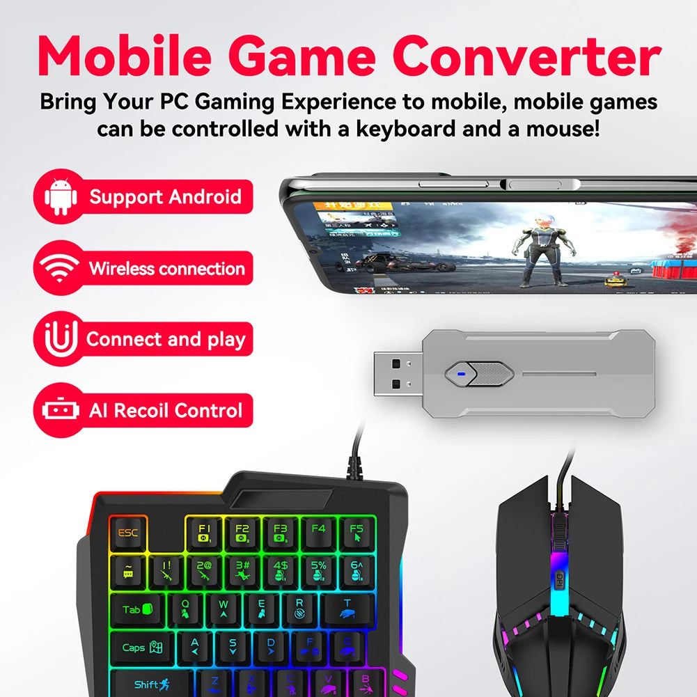 5in1 Mobile Game Converter Keyboard Mouse Gaming Set for PUBG Wired RGB Backlit Keyboard with Phone Holder for Gamer Accessories