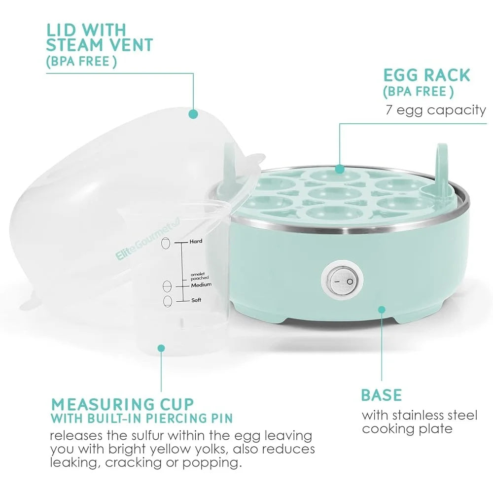Electric Egg Cooker, 7-Egg Capacity, Auto Shut-Off, Soft Medium Hard Boiled, Easy Cleanup Compact Kitchen Appliance Measuring Cup