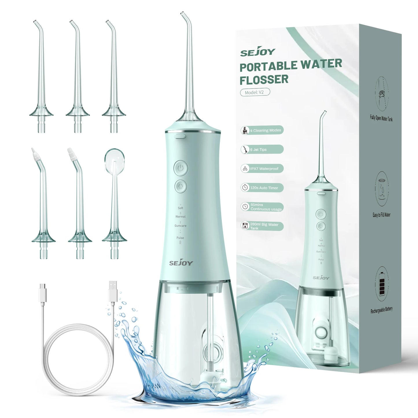 Sejoy Water Dental Flosser Portable Teeth Picks 6 Jets 4 Modes Cordless Oral Irrigator Rechargeable IPX7 Teeth Cleaner