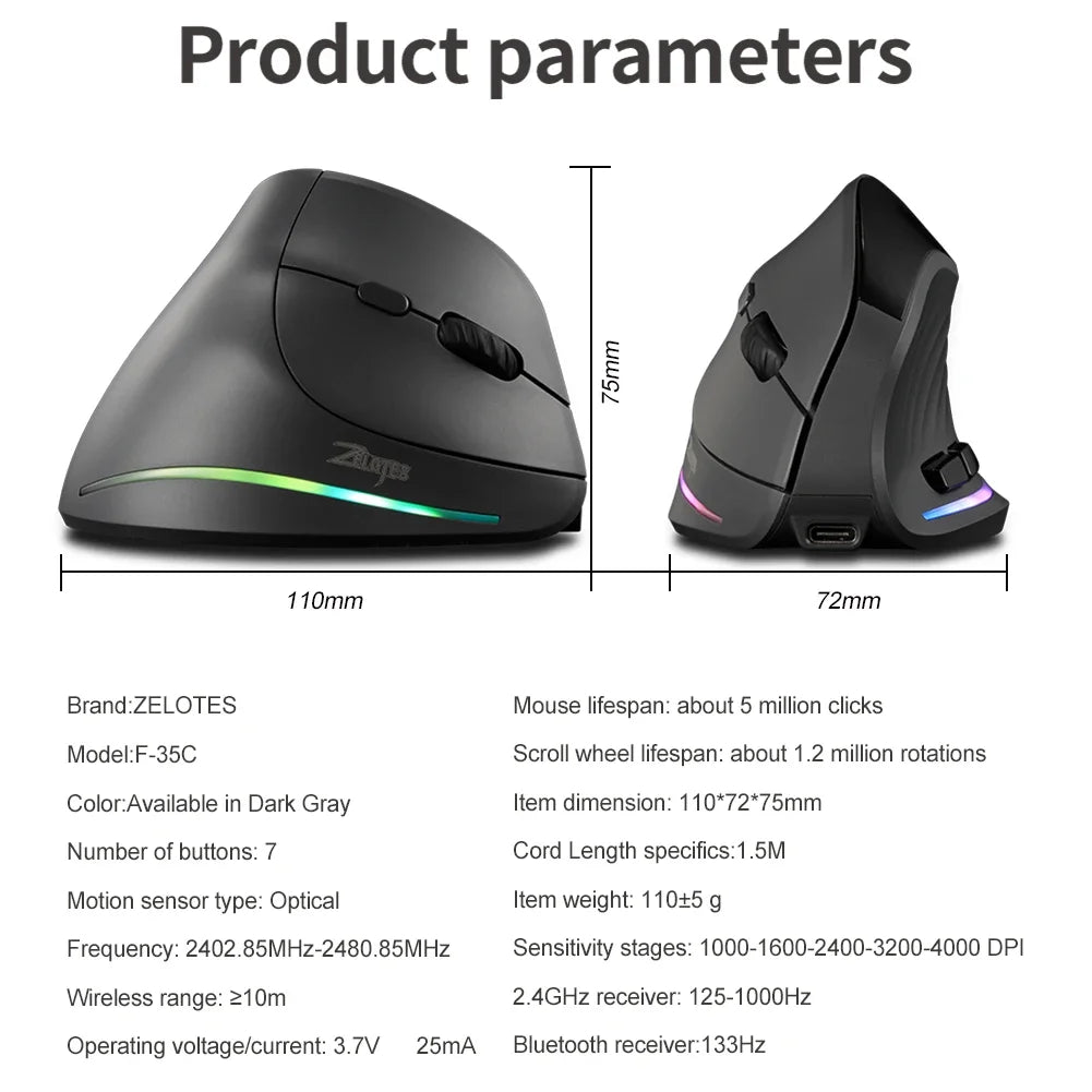 Wireless Vertical Mouse 7 Buttons Ergonomic Mouse Tri-Mode BT+2.4GHz+Wired Vertical Mouse For Laptop PC Computer Desktop
