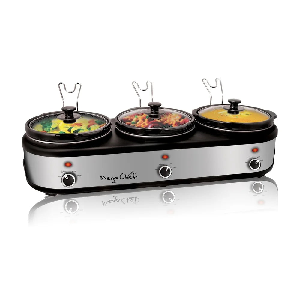 3 Pot 2.5 Qt Slow Cooker Buffet Server with Individual Temperature Control Detachable Lid Rests Anti Slip Feet Easy Serving