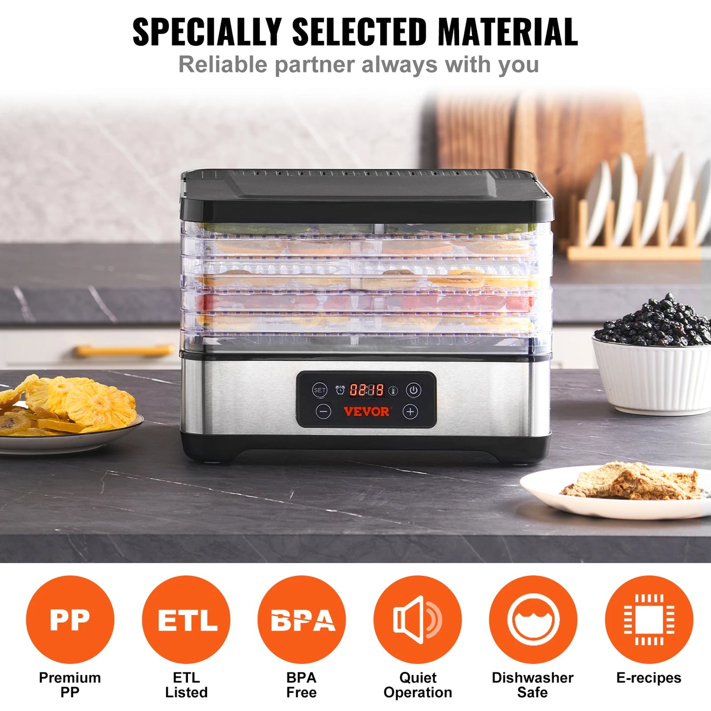 5 Tray Food Dehydrator Machine 300W Stainless Steel Electric Food Dryer w/ Digital Adjustable Timer & Temperature