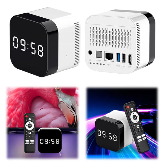 Media Player Android 14.0 WIFI 6 BT 5.X Android TV Box 8K Alarm Clock with 2.4G Voice Remote Control