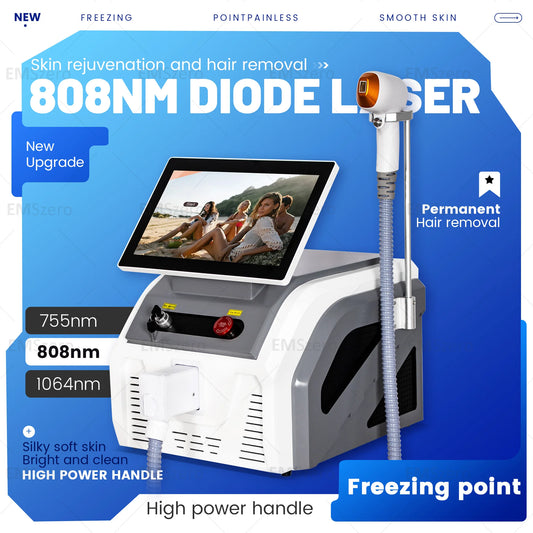Diode Laser Hair Removal, Professional Machine, Painless Cooling, Permanent Lazer Hair Removal, 3 Wavelengths 755 808 1064