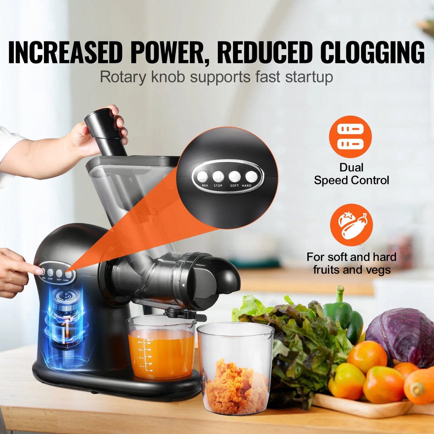Slow Masticating Juicer 2-Speed Mode Cold Press Juicer Machine with Reverse Function Quiet Motor Slow Juicer Juice