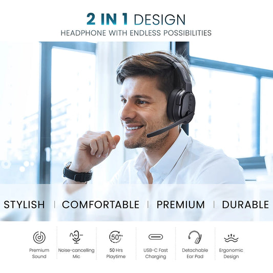 2 in 1 Wireless Headphones Bluetooth 5.3 Dual/Single Office Headset with Microphone&Mute Switch 35H for Trucker Driver