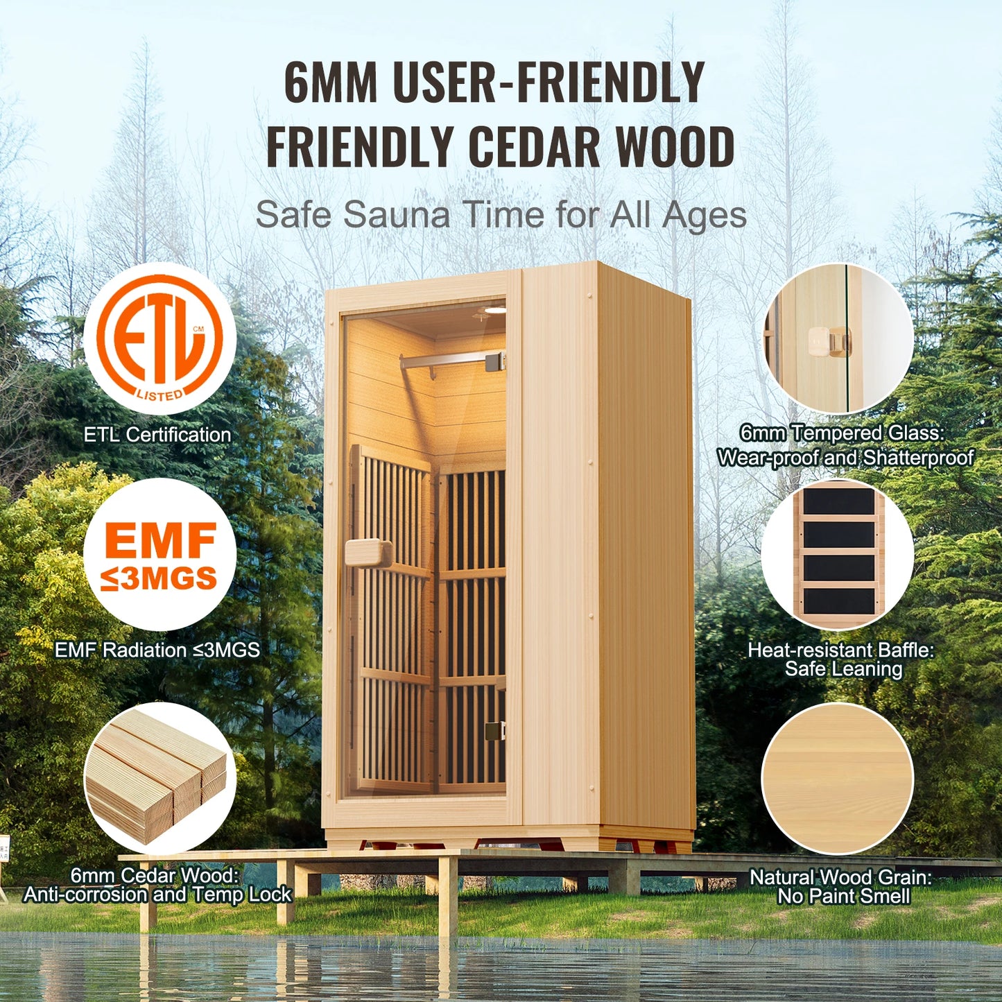 SucceBuy Far Infrared Wooden Sauna,  Room Home Sauna Spa for One Single Person, Low EMF Far Infrared Hemlock Wood  1140W Indoor