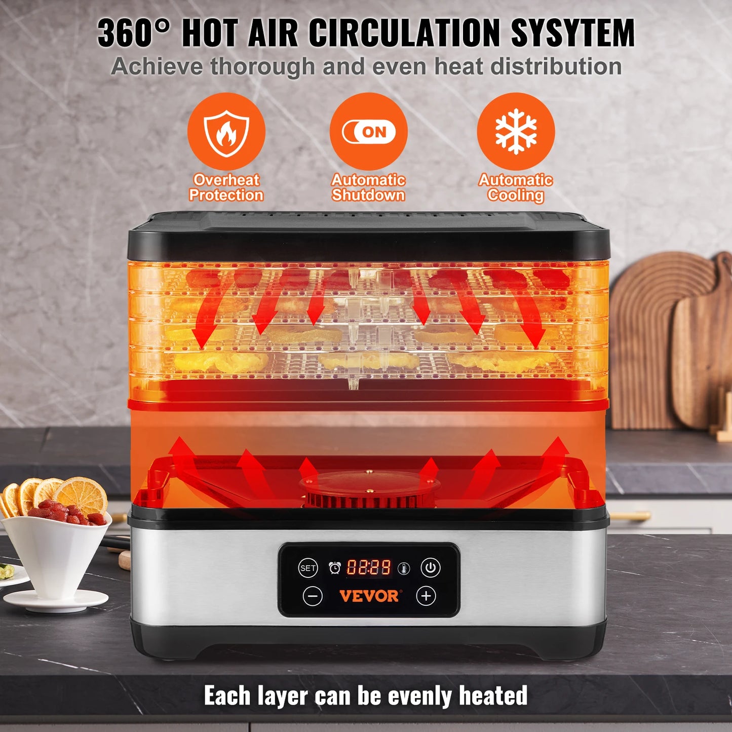 5 Tray Food Dehydrator Machine 300W Stainless Steel Electric Food Dryer w/ Digital Adjustable Timer & Temperature