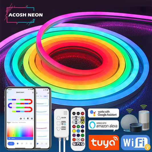Neon LED Strip Lights 12-24V 84LEDs/M Silicone Neon Rope Light with Music Sync RGBIC Dream color Chasing Strip Tape for Room