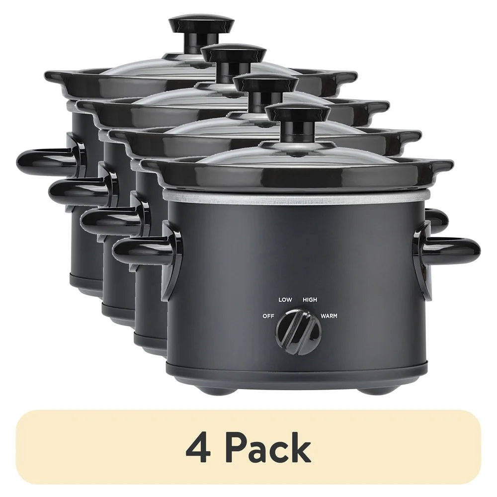 4 Pack-2 QT Slow Cooker, Matte Black, Removable Stoneware Pot with Glass Lid, Two Temperature Settings, Easy Cooking