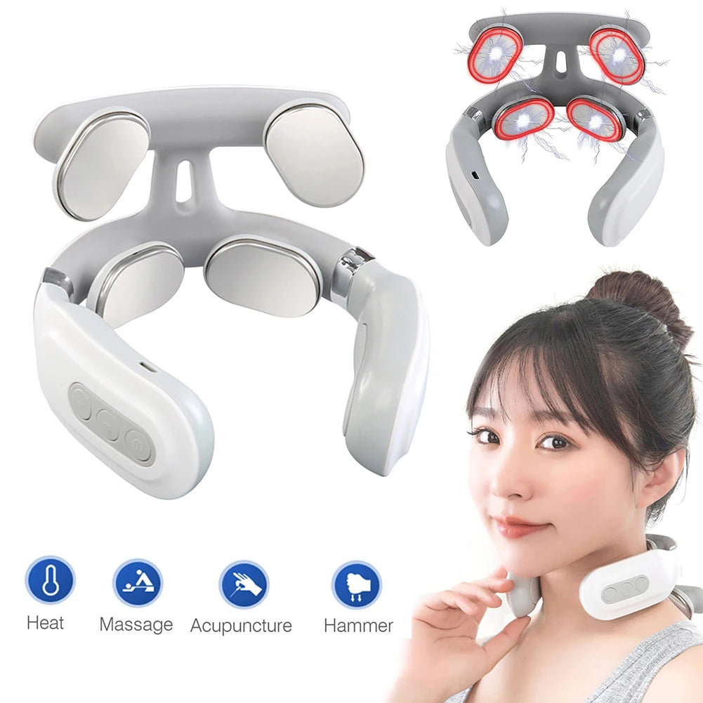 4-head Cervical Massager, USB Rechargeable, Electric Neck Massager with Heat Relaxation, Gifts for Women Men Dad Mom