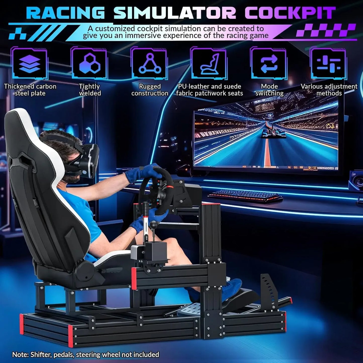 Racing Simulator Cockpit: Elite Series Racing Seat, Adjustable Wheel Mount, Fits Logitech/Fanatec (No Wheel/Pedals/Shifter)