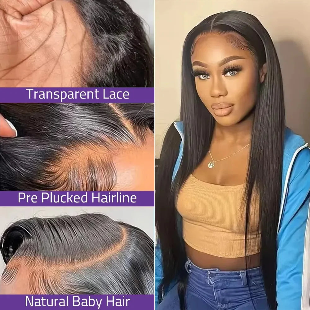 30- 36 Inches 200% Density 13x6 HD Transparent Lace Frontal Wig, No Shedding Wig, Natural Color Straight Human Hair Wig For Women