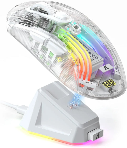 X2Pro Wireless Gaming Mouse with RGB Charging Dock, Tri-Mode Mute Mouse RGB, Backlit, Transparent Shell ,PixArt 3212